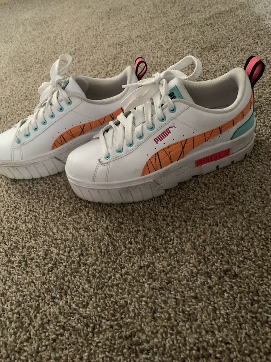 Puma Shoes - Puma White Platform Sneakers with Orange Formstripe and Pink Accents